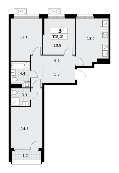3-комн. 72.2 м²