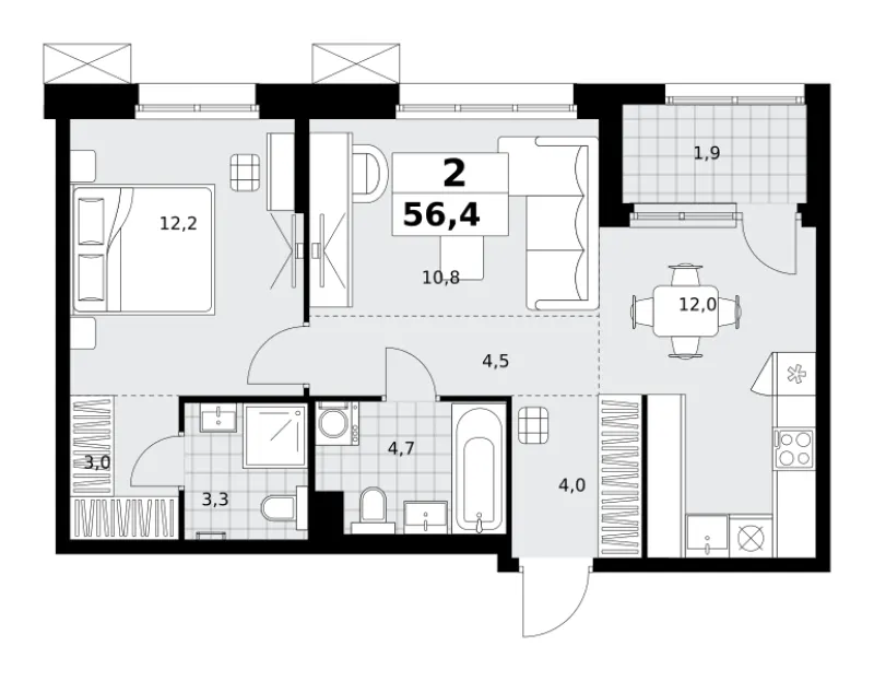 2-комн. 56.4 м²