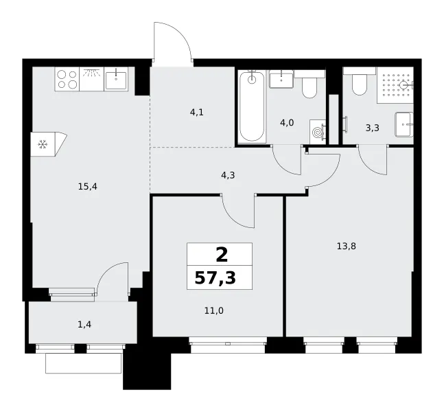 2-комн. 57.3 м²