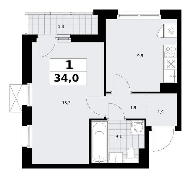 1-комн. 34 м²