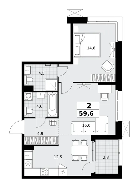 2-комн. 59.6 м²