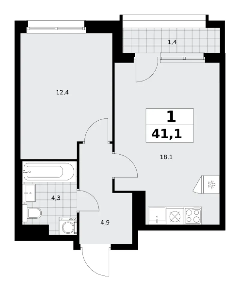 1-комн. 41.1 м²