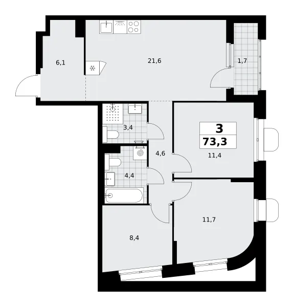 3-комн. 73.3 м²