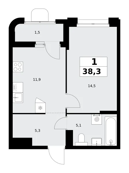 1-комн. 38.3 м²