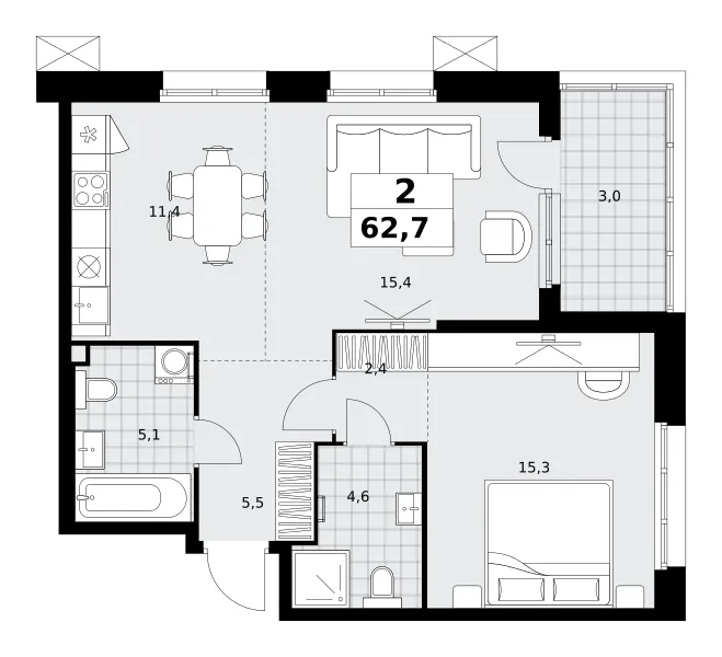 2-комн. 62.7 м²