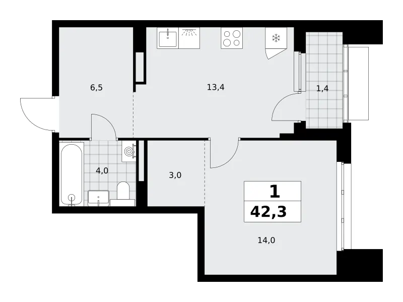 1-комн. 42.3 м²