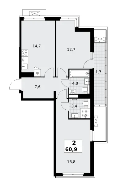 2-комн. 60.9 м²