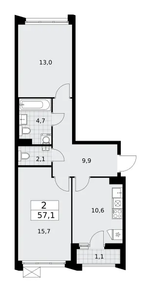 2-комн. 57.1 м²