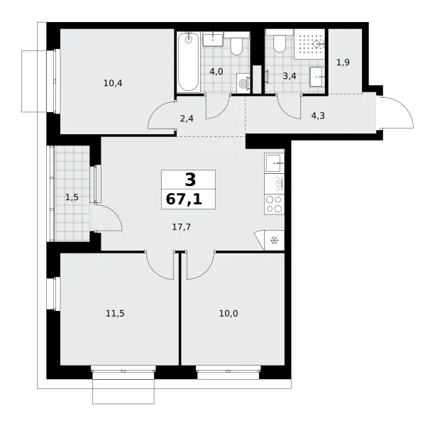3-комн. 67.1 м²