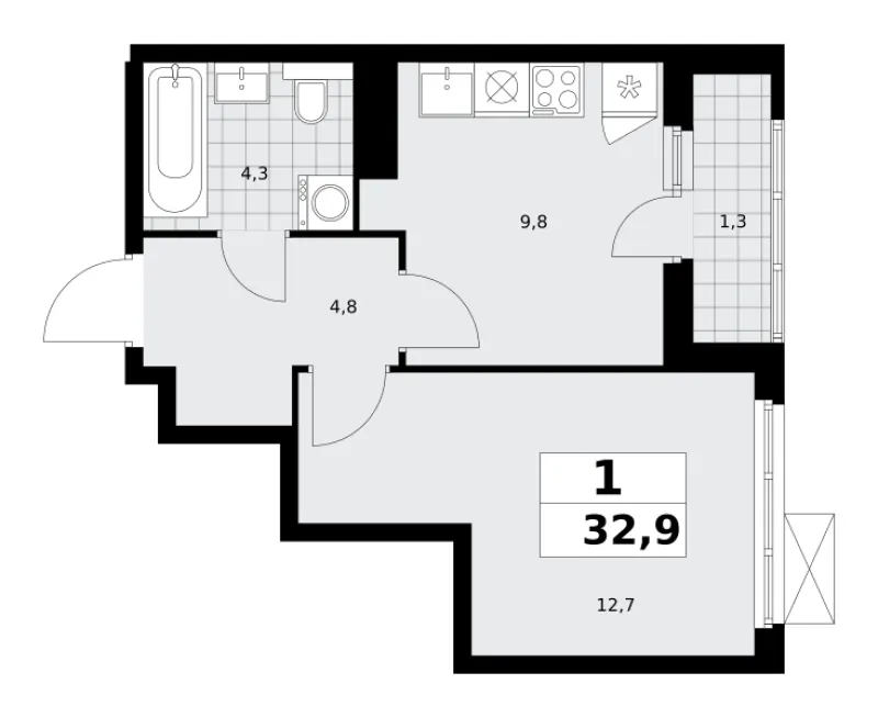 1-комн. 33.1 м²