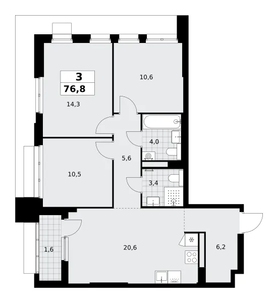 3-комн. 76.8 м²