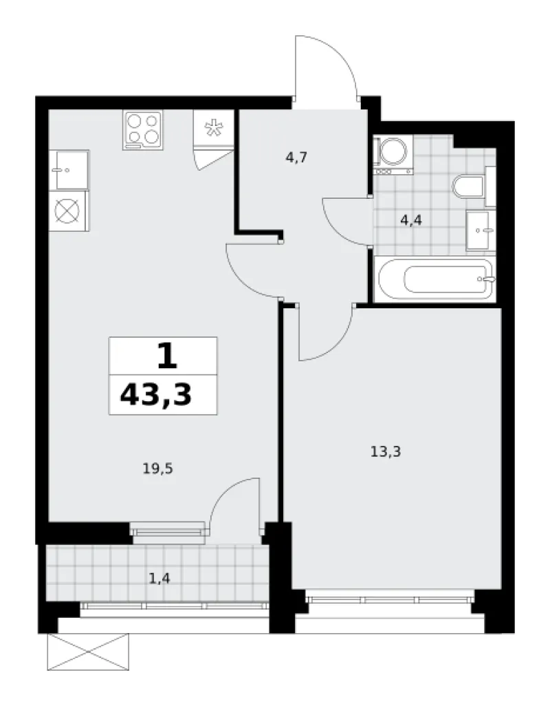 1-комн. 43.3 м²