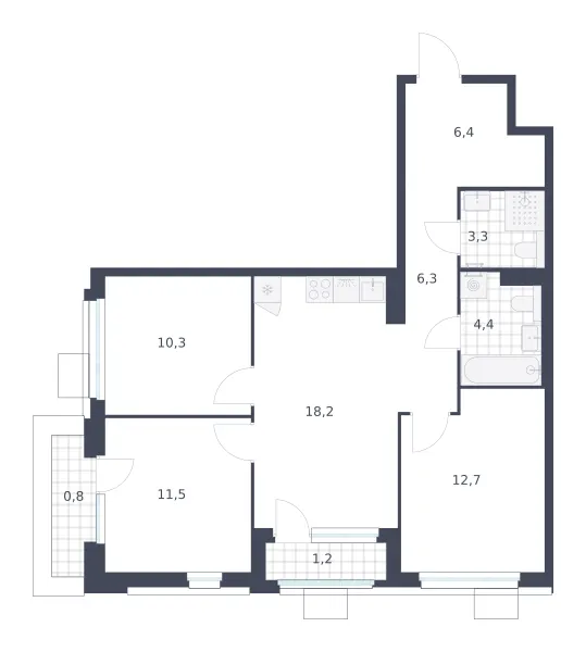 3-комн. 75.1 м²