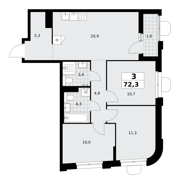 3-комн. 72.3 м²