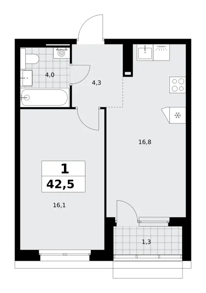 1-комн. 42.5 м²
