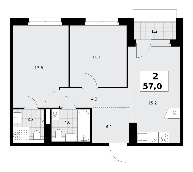 2-комн. 57 м²