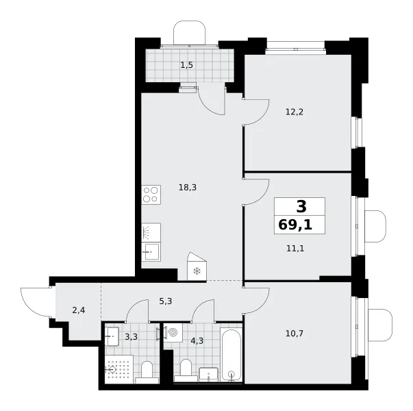 3-комн. 69.1 м²