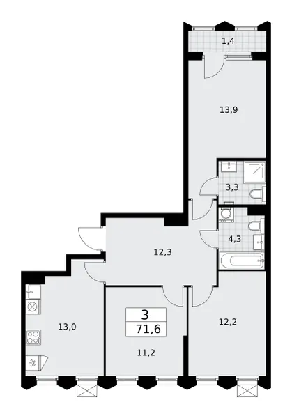 3-комн. 71.6 м²
