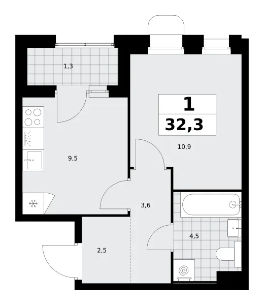1-комн. 32.3 м²