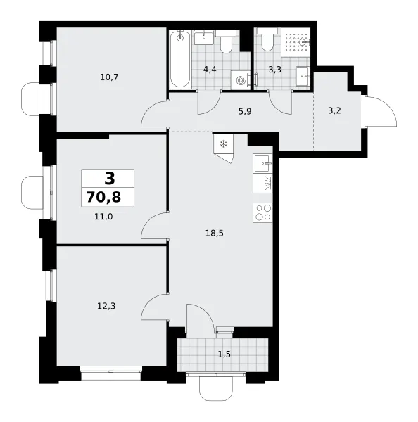 3-комн. 70.8 м²