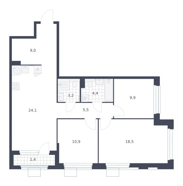3-комн. 86.9 м²