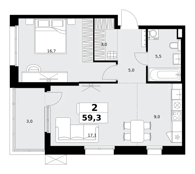 2-комн. 59.3 м²