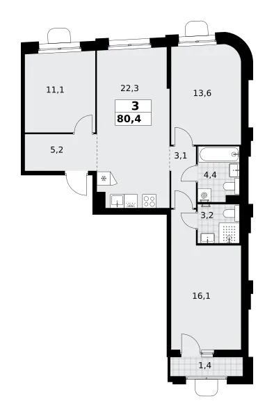 3-комн. 80.4 м²