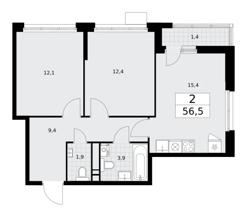 2-комн. 56.5 м²