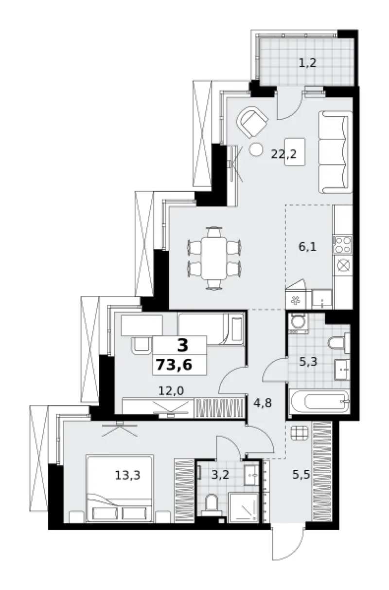 3-комн. 73.6 м²