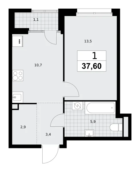 1-комн. 37,6 м²