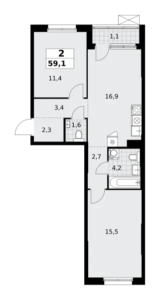 2-комн. 59.1 м²