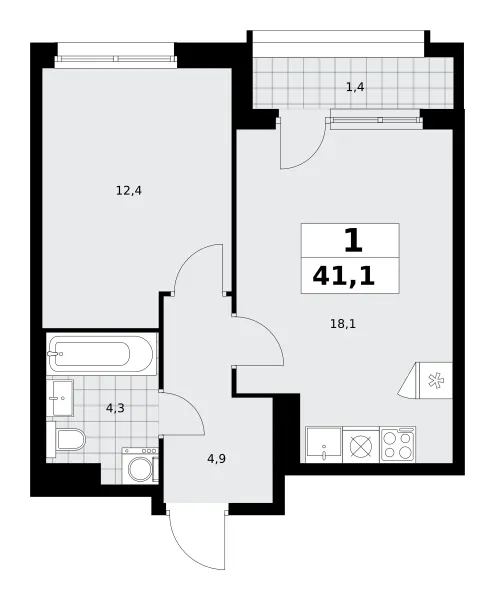 1-комн. 41.1 м²