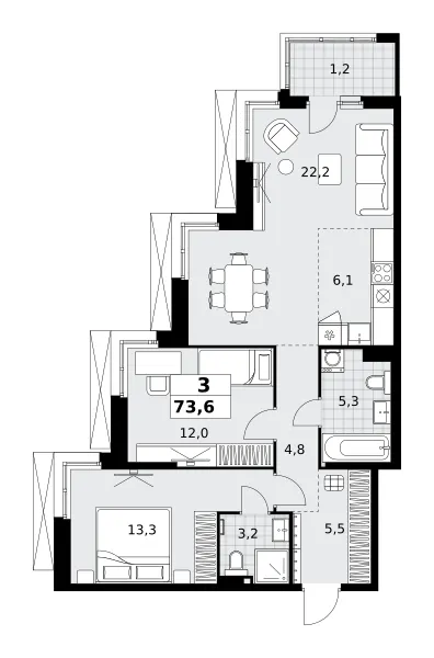 3-комн. 73.6 м²