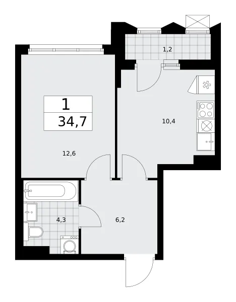 1-комн. 34.7 м²