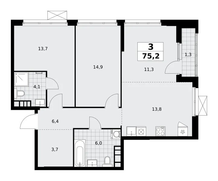 3-комн. 75.2 м²
