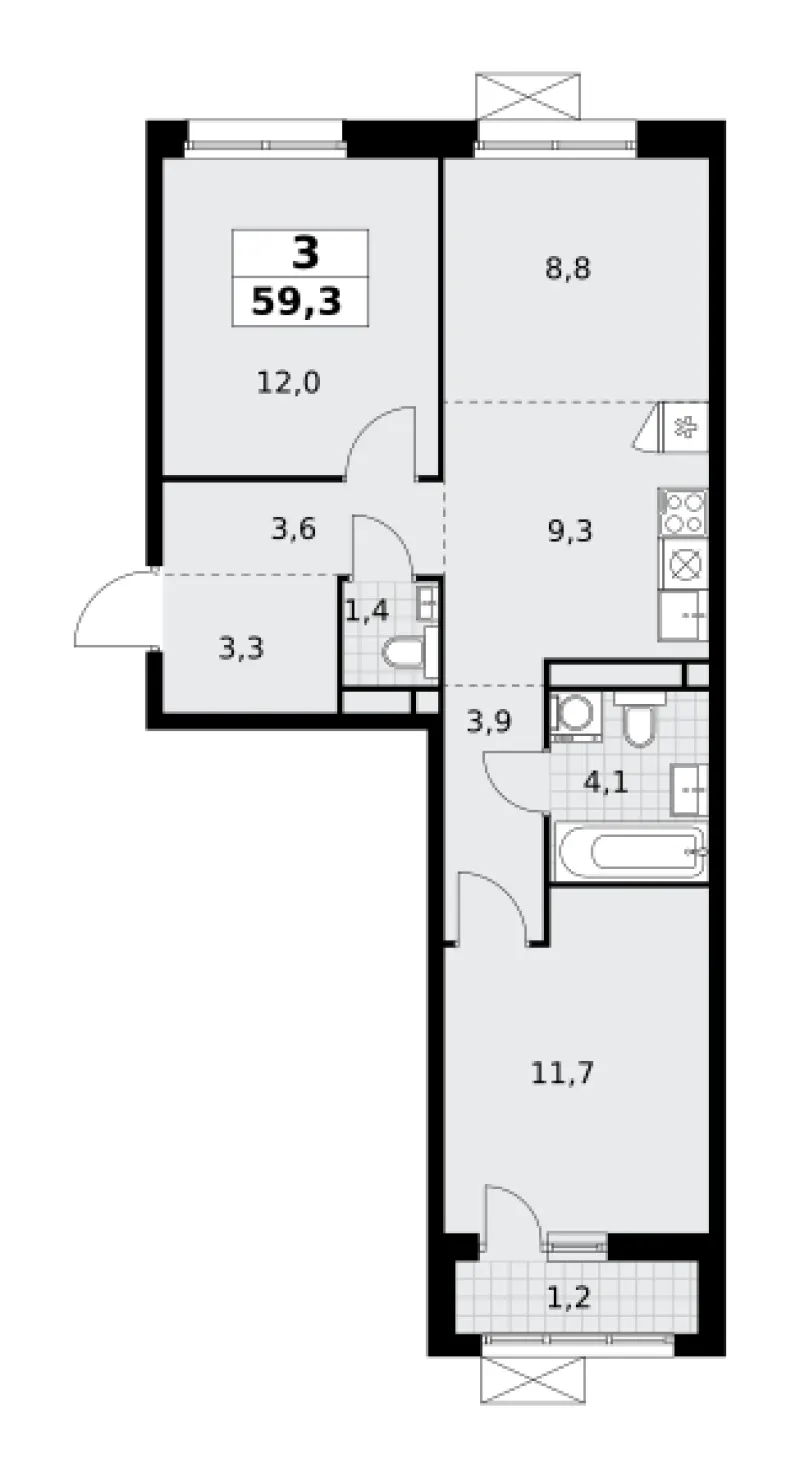 3-комн. 59.3 м²