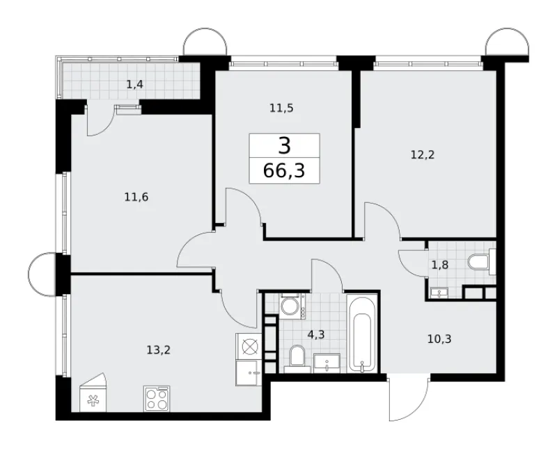 3-комн. 66.3 м²