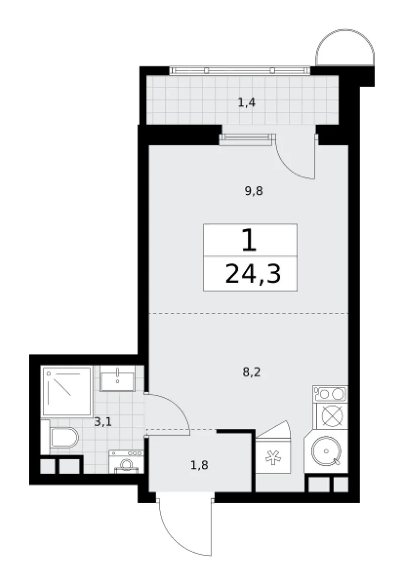 Студия 24.3 м²