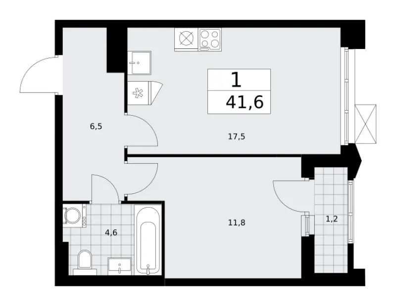 1-комн. 41.6 м²