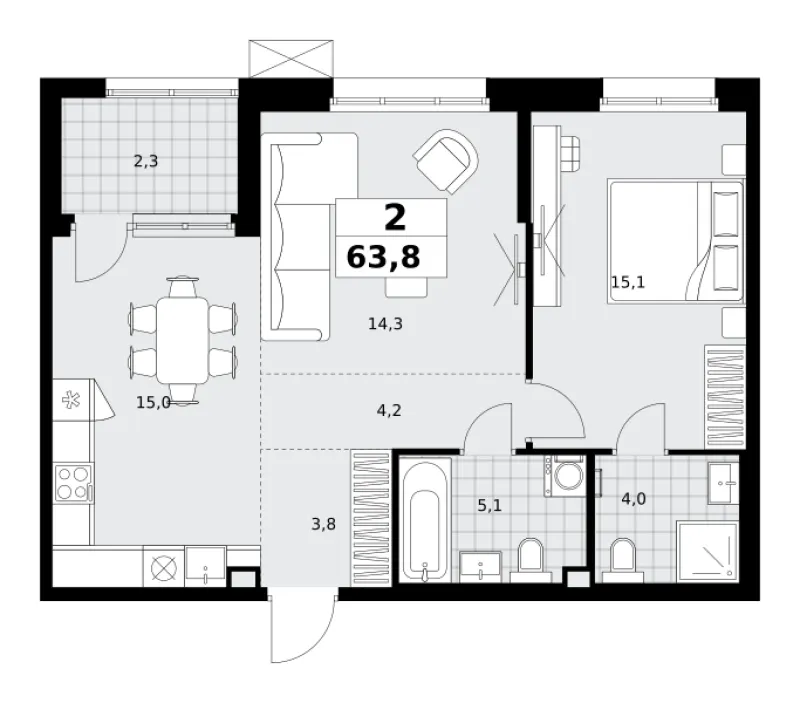 2-комн. 63.8 м²