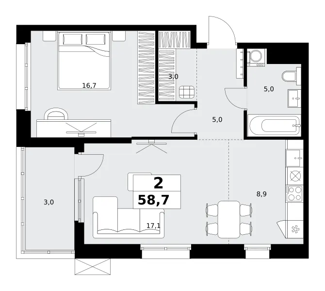 2-комн. 58.7 м²