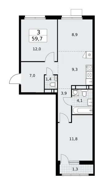 3-комн. 59.7 м²