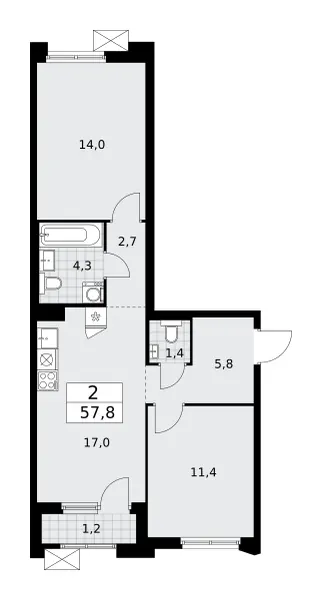 2-комн. 57.8 м²