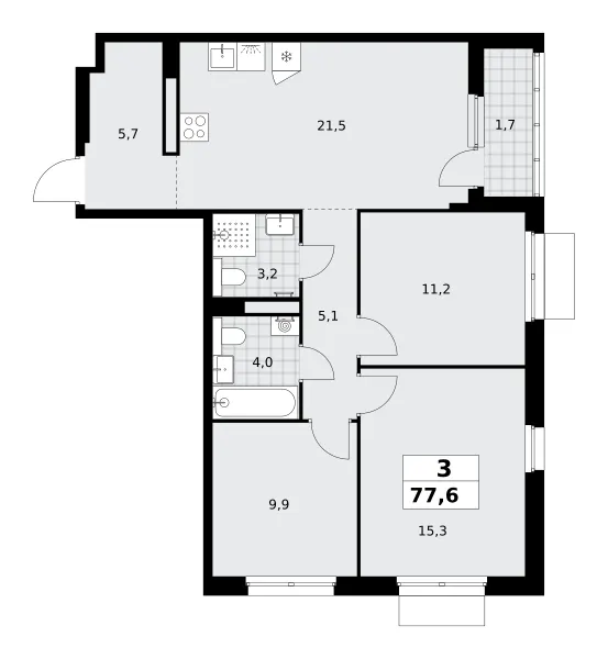 3-комн. 77.6 м²