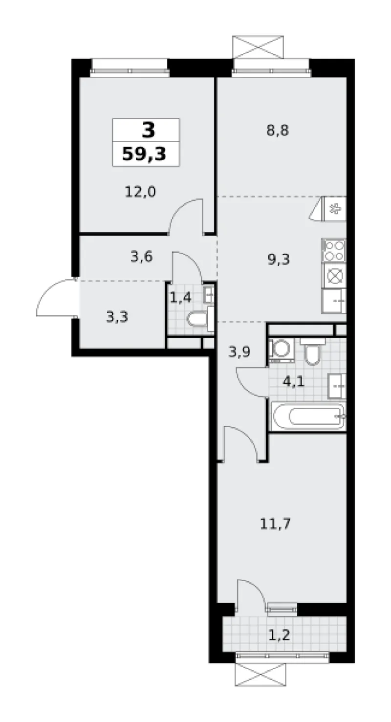 3-комн. 59.3 м²