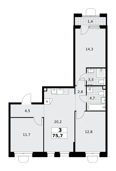 3-комн. 75.7 м²