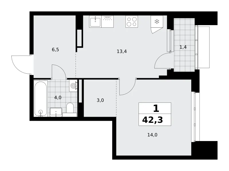1-комн. 42.3 м²