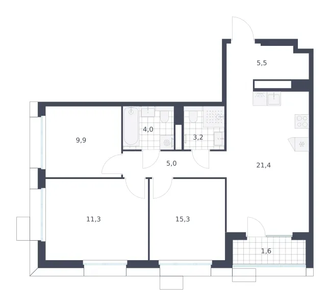 3-комн. 77.2 м²