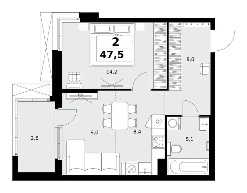 2-комн. 47.5 м²
