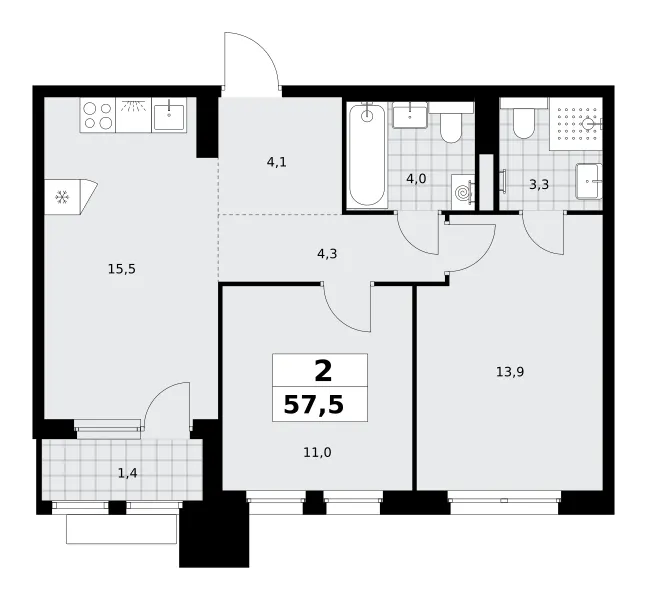 2-комн. 57.5 м²